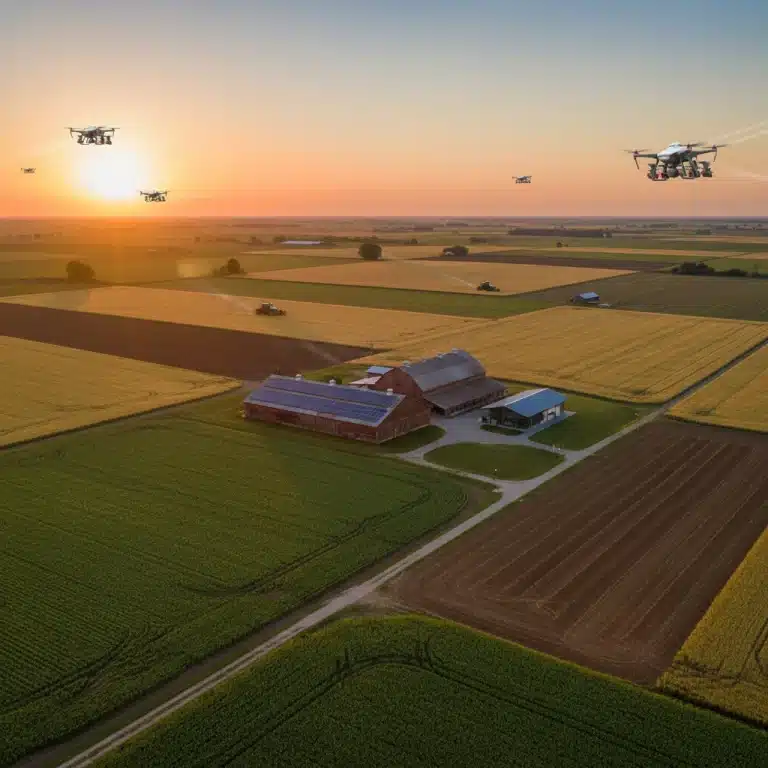 Aerial view of a modern US farm with precision agriculture, drones, and autonomous tractors at sunrise.