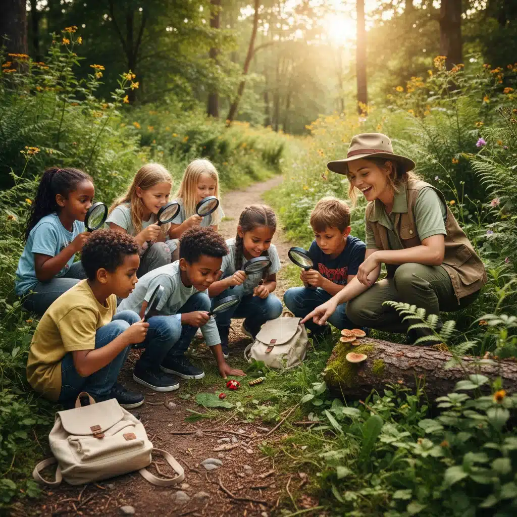 Children learning outdoors, exploring nature with magnifying glasses and an educator