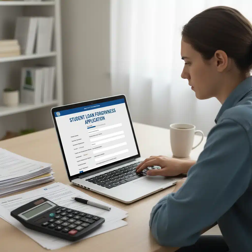 Person applying for student loan forgiveness online, focused on the application portal