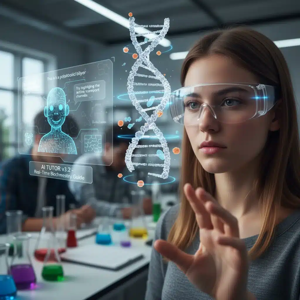 Student using augmented reality and AI for interactive learning in a science lab