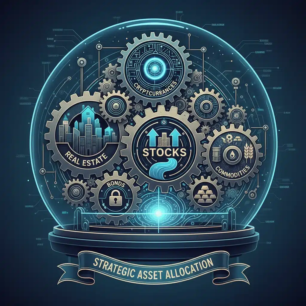 Interconnected gears representing diverse asset classes in a balanced investment portfolio