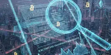 Futuristic digital city with cryptocurrency symbols and regulatory documents