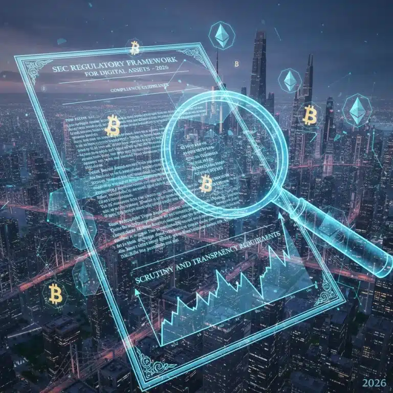 Futuristic digital city with cryptocurrency symbols and regulatory documents
