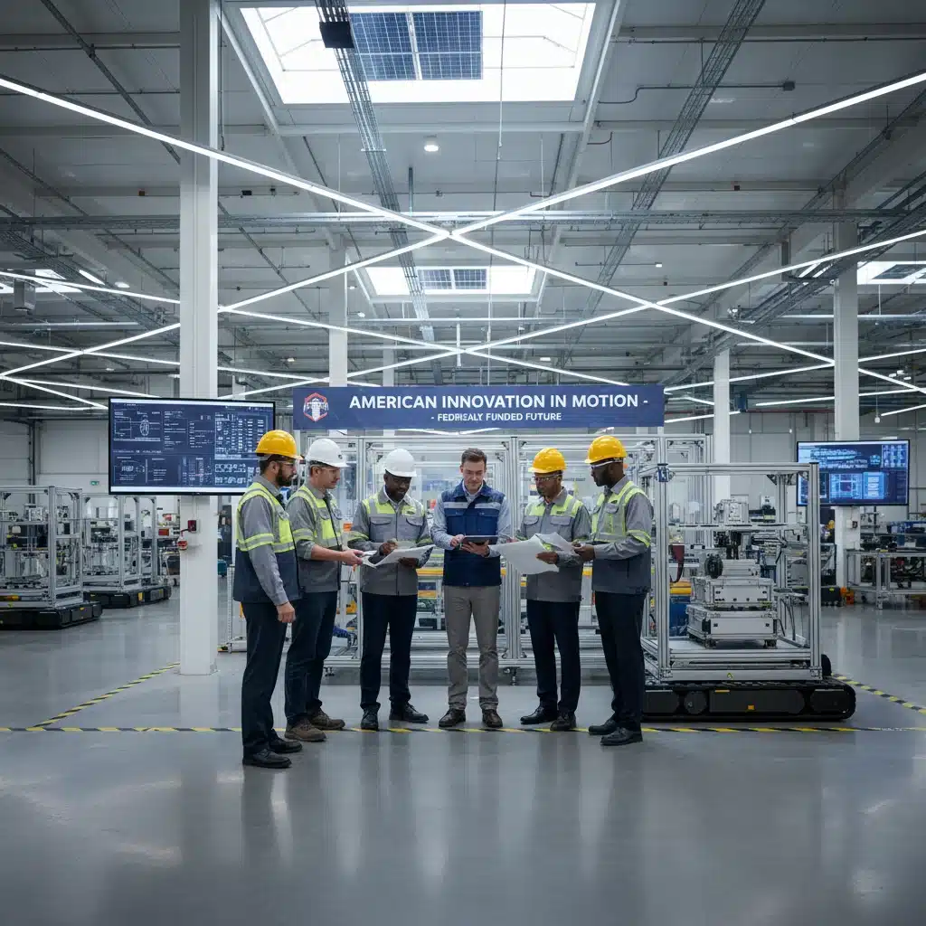 Engineers and workers collaborating in a modern manufacturing facility, showcasing the revitalization of domestic industry.