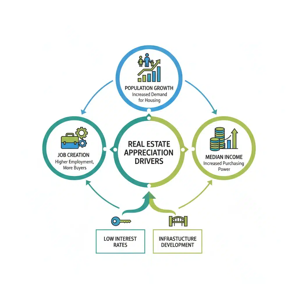Infographic displaying key economic indicators like population growth and job creation, vital for real estate market appreciation.