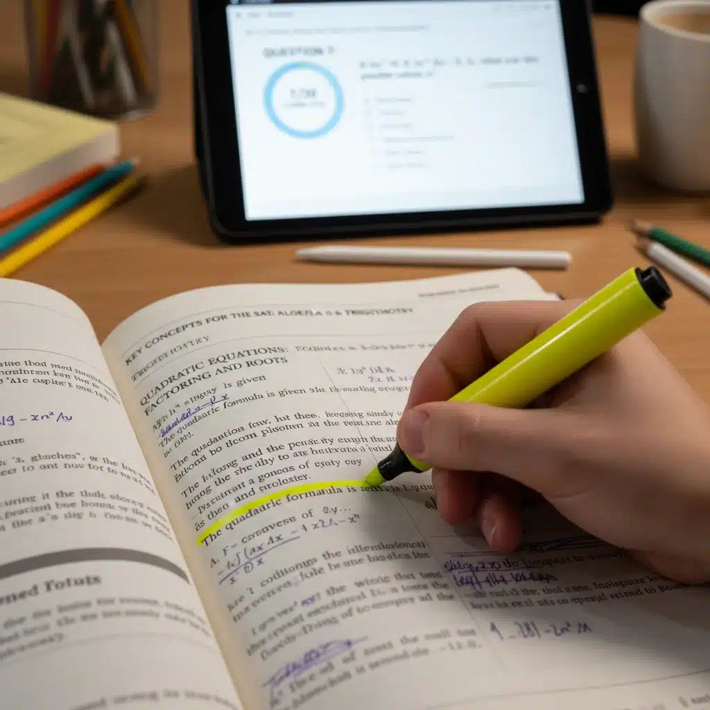 Student actively studying with a textbook and digital practice test for 2026 standardized exams.