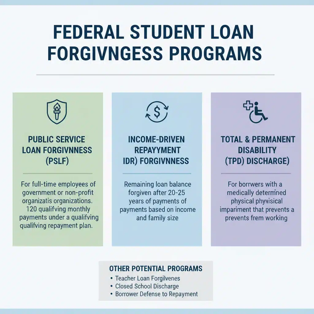 Infographic detailing various federal student loan forgiveness programs