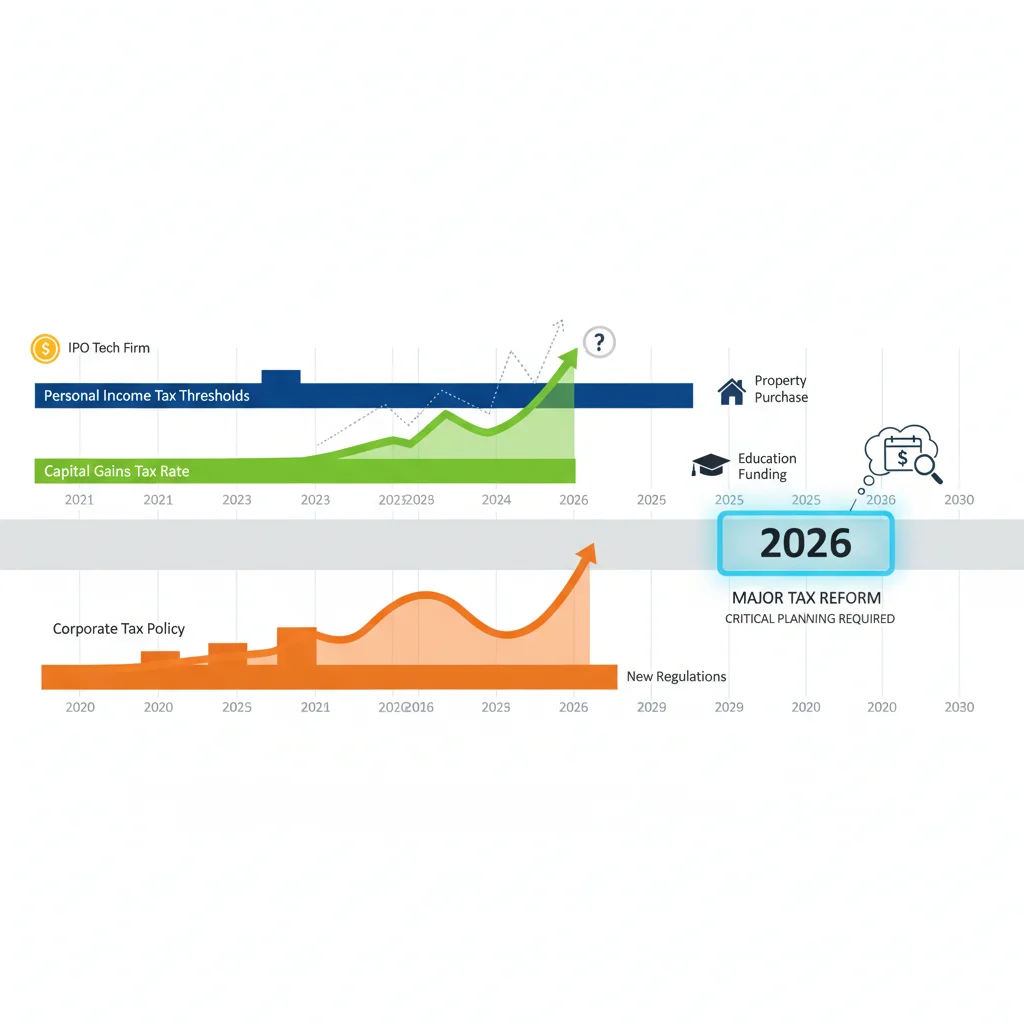 Financial timeline highlighting 2026 tax law changes and estate planning milestones