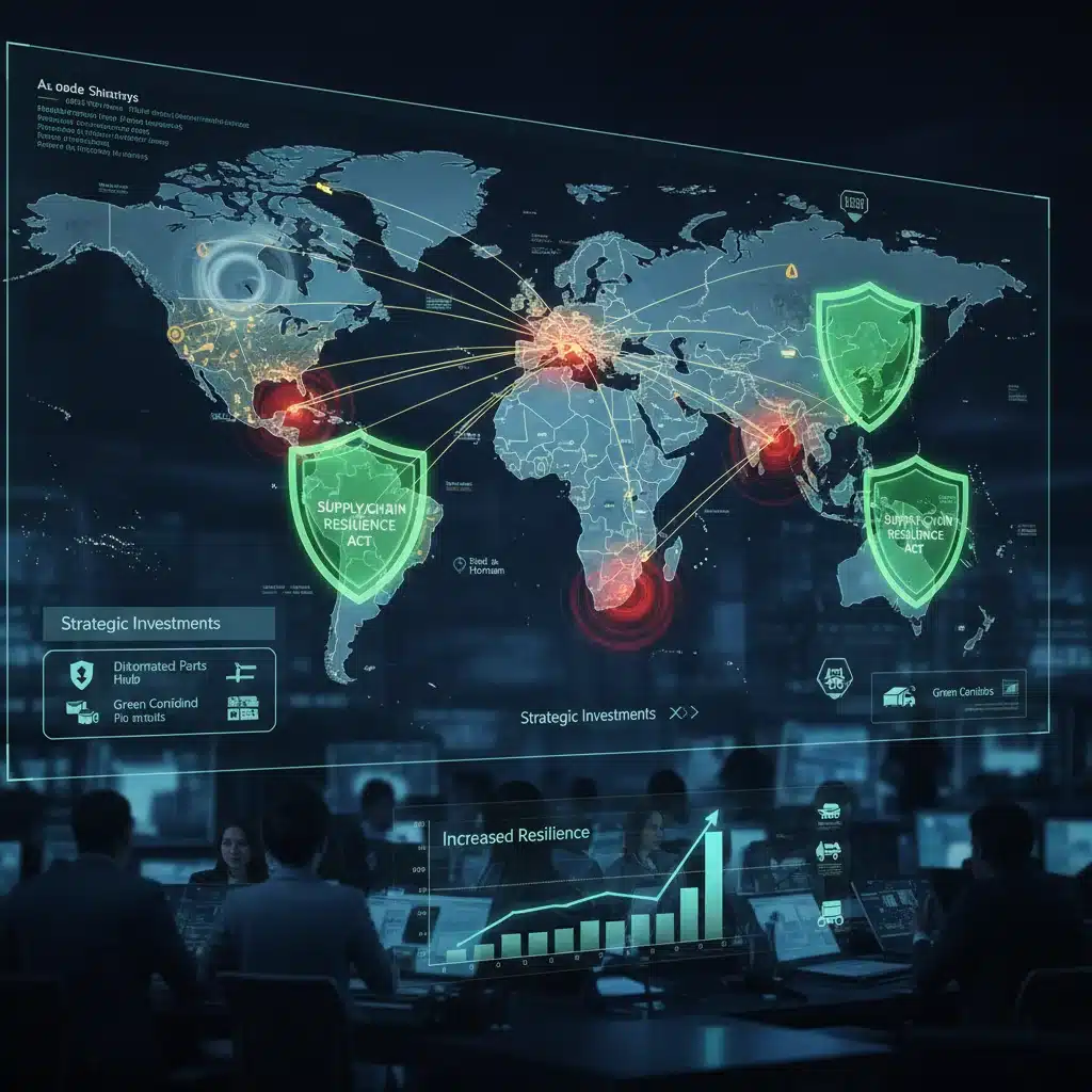 Global trade routes and logistics networks with highlighted vulnerabilities, illustrating supply chain security efforts.