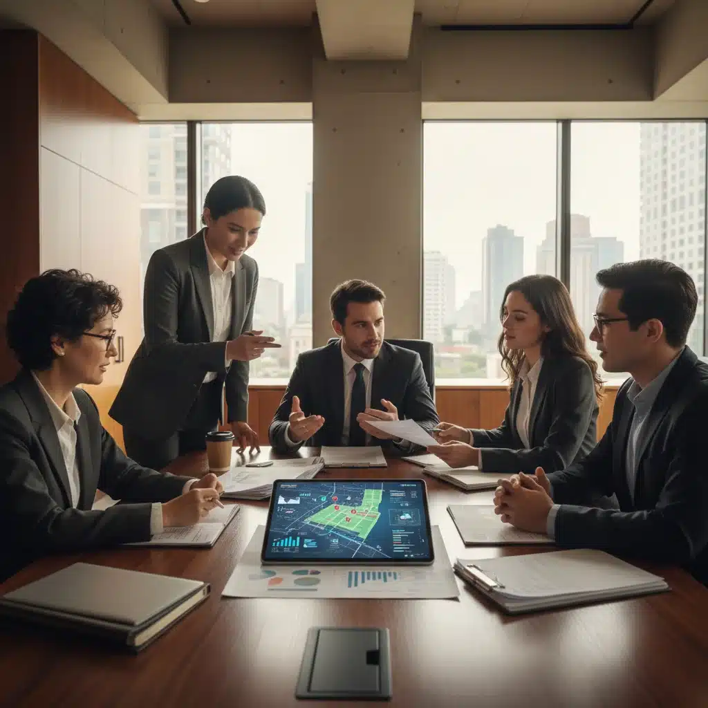 Investors analyzing property documents and digital maps, discussing strategic real estate acquisition in growing markets.