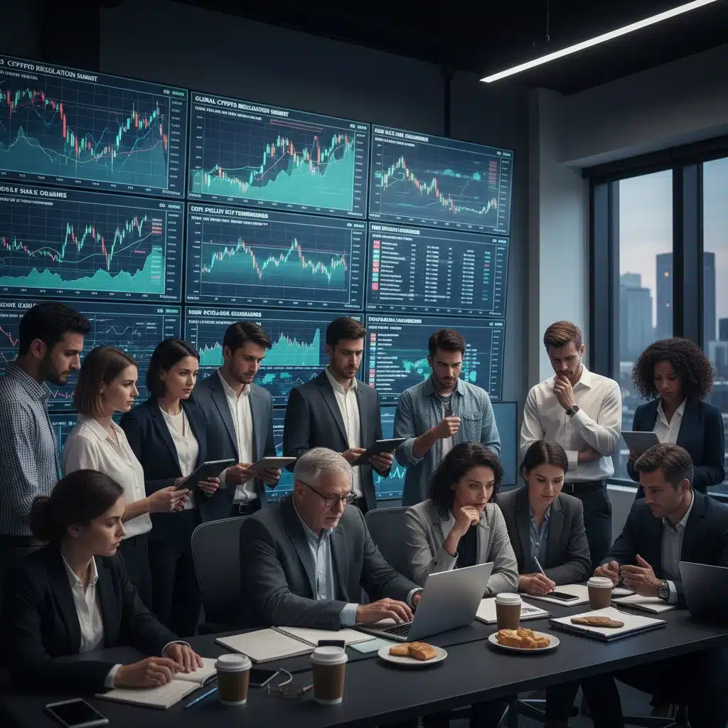 Investors analyzing cryptocurrency market and regulatory news