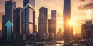 Modern city skyline at dawn with upward trend arrows, symbolizing real estate market growth and investment opportunities in 2026.