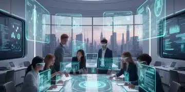 Students interacting with AI in a futuristic university classroom setting