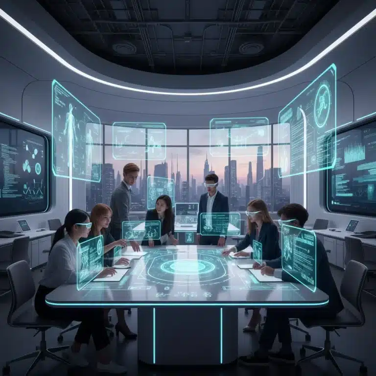 Students interacting with AI in a futuristic university classroom setting