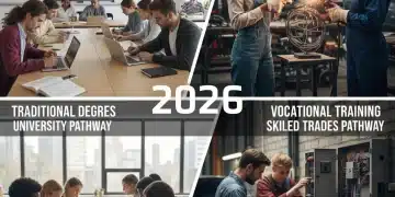 Students in a classroom and skilled tradespeople working, symbolizing vocational versus traditional education paths for 2026 career choices.