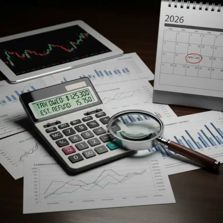 Financial calculator showing 2026 tax adjustments and investment charts