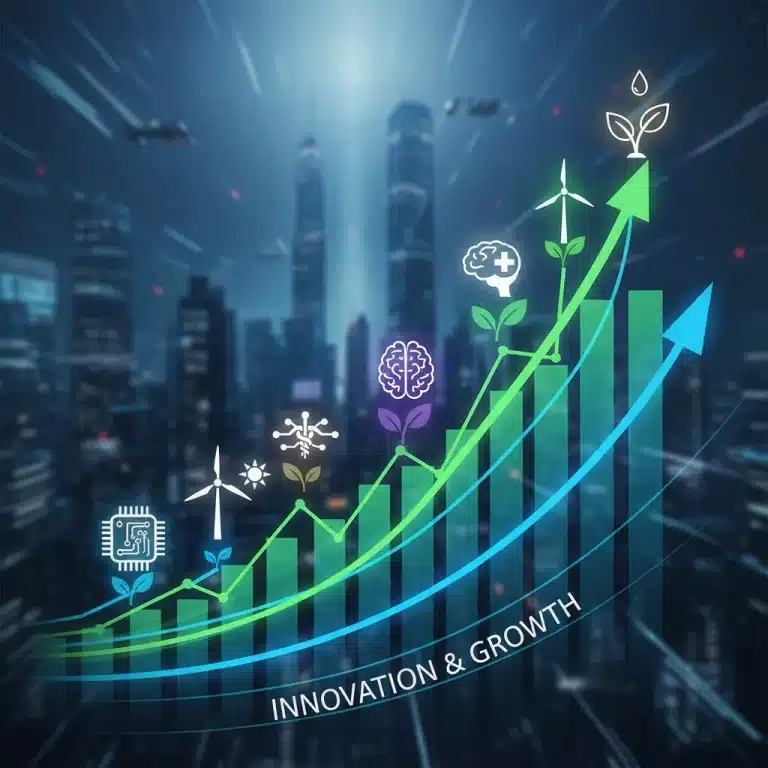 Financial charts showing upward trends with icons for technology, green energy, medical cross, AI brain, and a plant, symbolizing investment growth sectors.