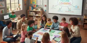 Parents, students, and educators collaborating in a modern K-12 classroom setting, symbolizing future educational changes.