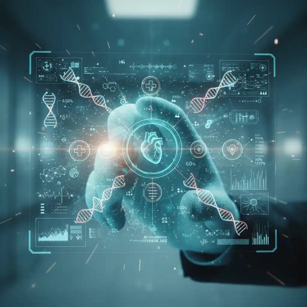 Hand interacting with a holographic medical interface, symbolizing AI and technology in healthcare.