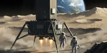 Artemis III Human Landing System descending to Moon's south pole with Earth in background