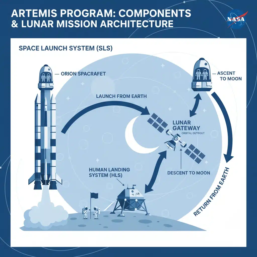 Infographic detailing Artemis program components and their functions in lunar exploration