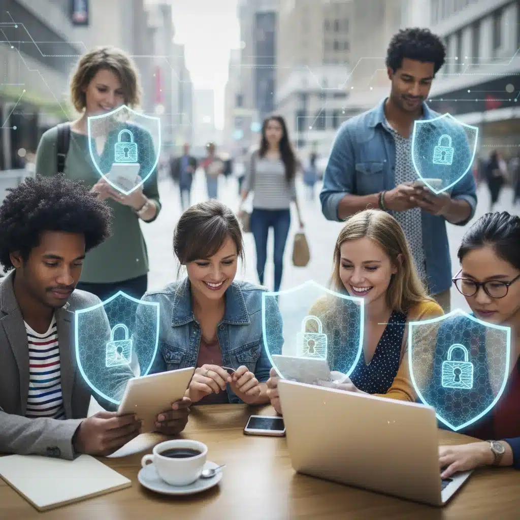 Diverse citizens protected by data privacy shields on digital devices