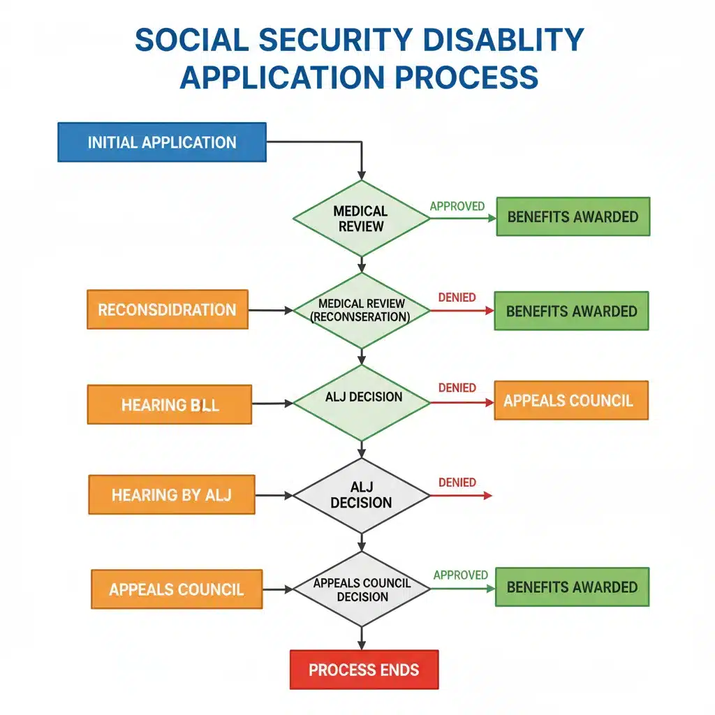 Flowchart detailing the Social Security Disability application process