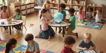 Diverse children learning happily in a modern early childhood classroom with a teacher.
