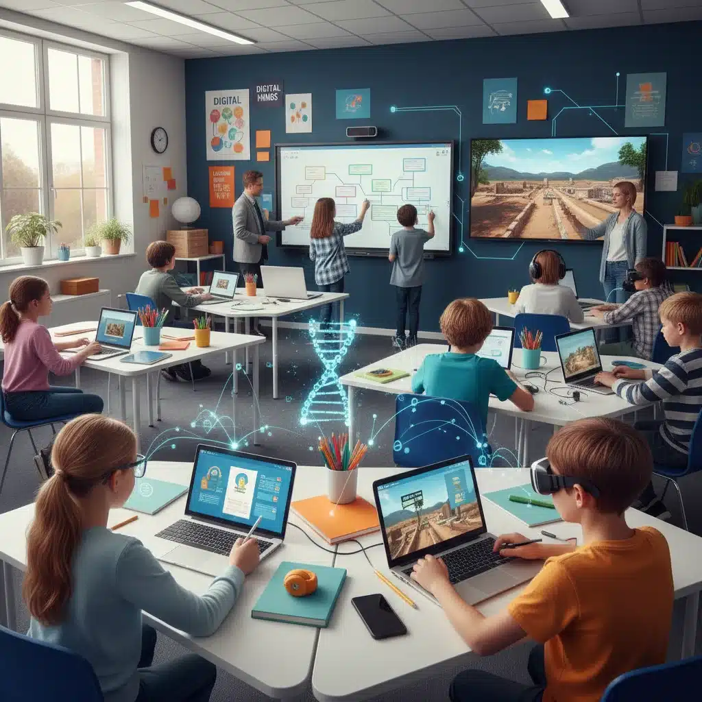 Students and teachers utilizing educational technology for personalized learning and digital literacy in a contemporary classroom.