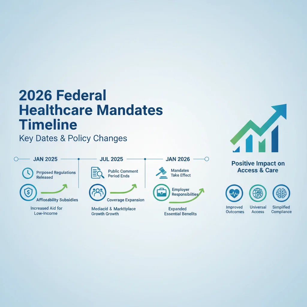 Infographic detailing the timeline and key policy changes of 2026 federal healthcare mandates.