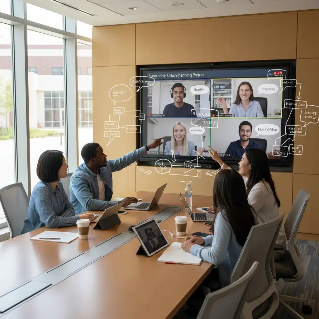University students collaborating in a hybrid learning environment, combining online and in-person interactions