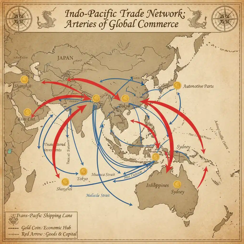 Map of Indo-Pacific trade routes and economic partnerships.