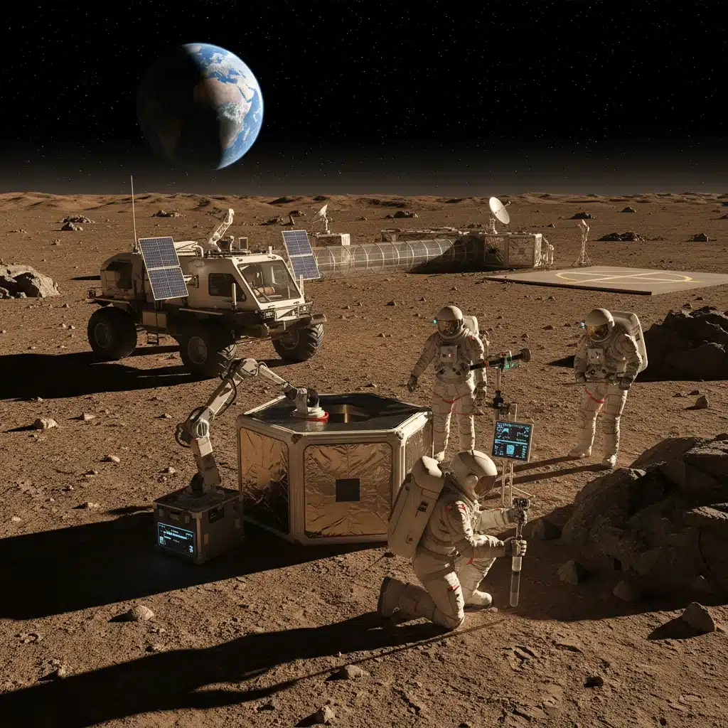 Astronauts conducting scientific experiments near a lunar habitat with a rover