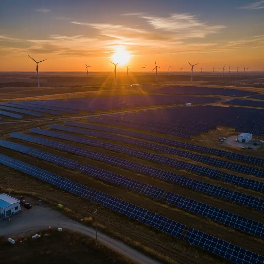 Solar panels and wind turbines silhouetted against a sunset, representing renewable energy investments.