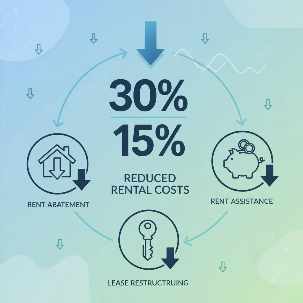 Infographic illustrating rental relief and reduced housing costs with percentages and relevant icons.