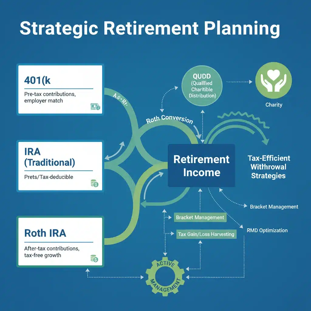 Diagram showing various retirement accounts and strategic options for managing RMDs, including Roth conversions and tax-efficient withdrawals.
