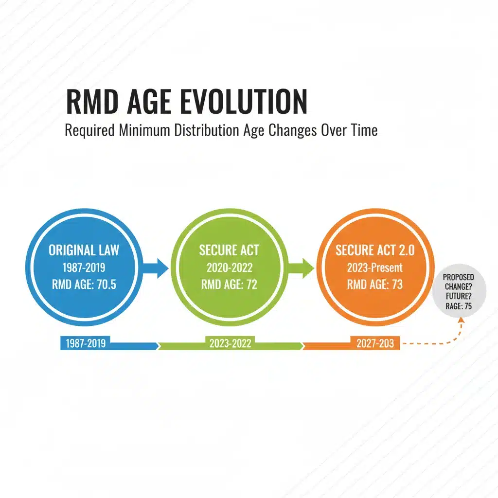 Infographic illustrating the historical and projected changes in Required Minimum Distribution (RMD) age, including 2026 adjustments.