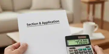 Hands reviewing a Section 8 application form with a calculator showing potential savings on housing costs.