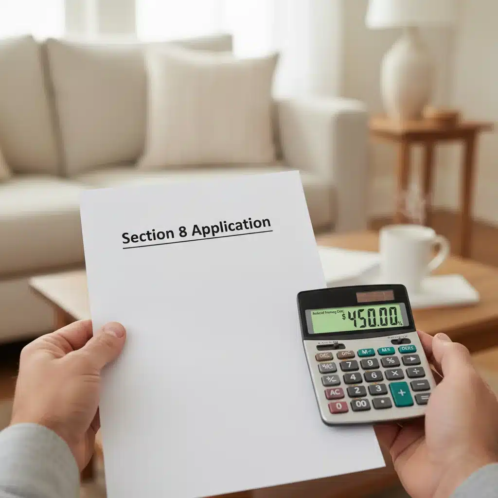 Hands reviewing a Section 8 application form with a calculator showing potential savings on housing costs.