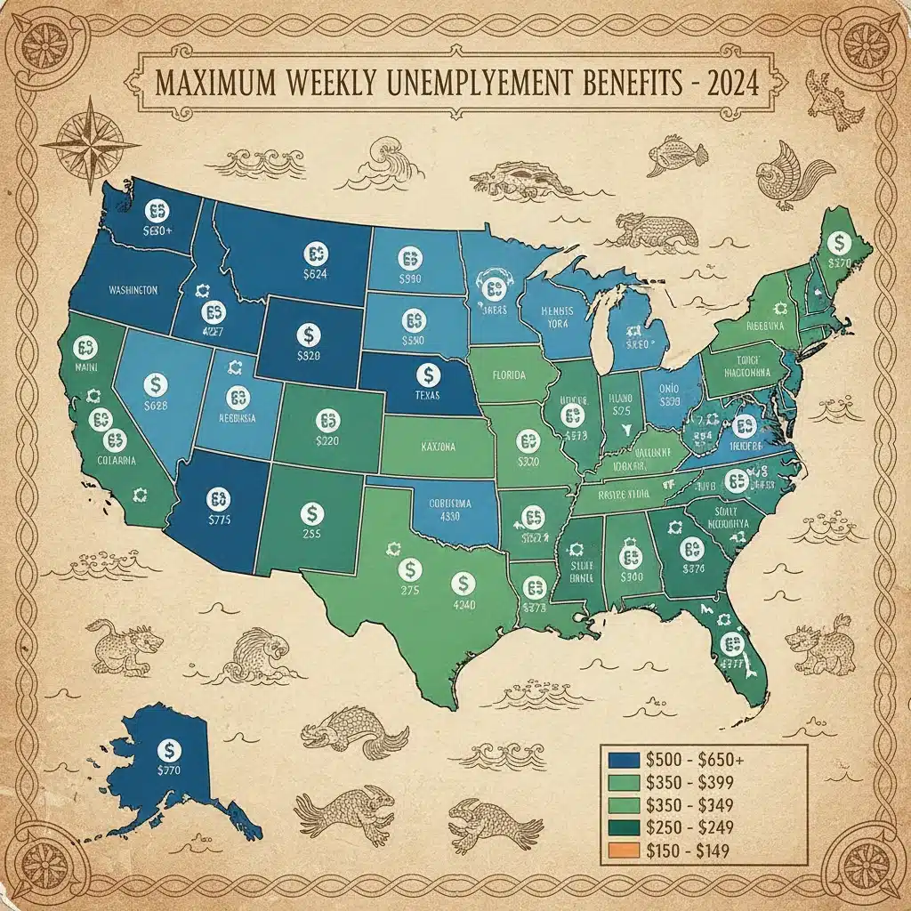 Map showing state-specific maximum weekly unemployment benefit amounts