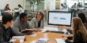 Students discussing Federal Student Aid application forms with an advisor