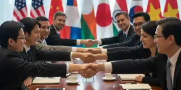 Diplomats and business leaders from US and Asian nations in trade negotiations.