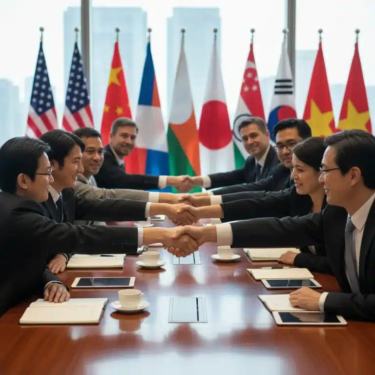 Diplomats and business leaders from US and Asian nations in trade negotiations.