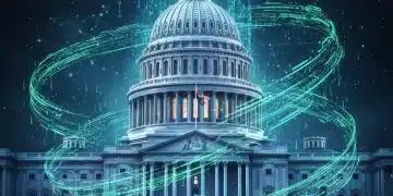 US Capitol with digital data streams, representing cybersecurity legislation