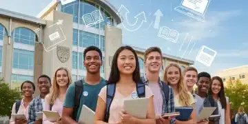 High school seniors preparing for 2026 college admissions, standing confidently in front of a university.