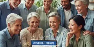 Group of people happily reviewing 2026 federal benefits on a tablet