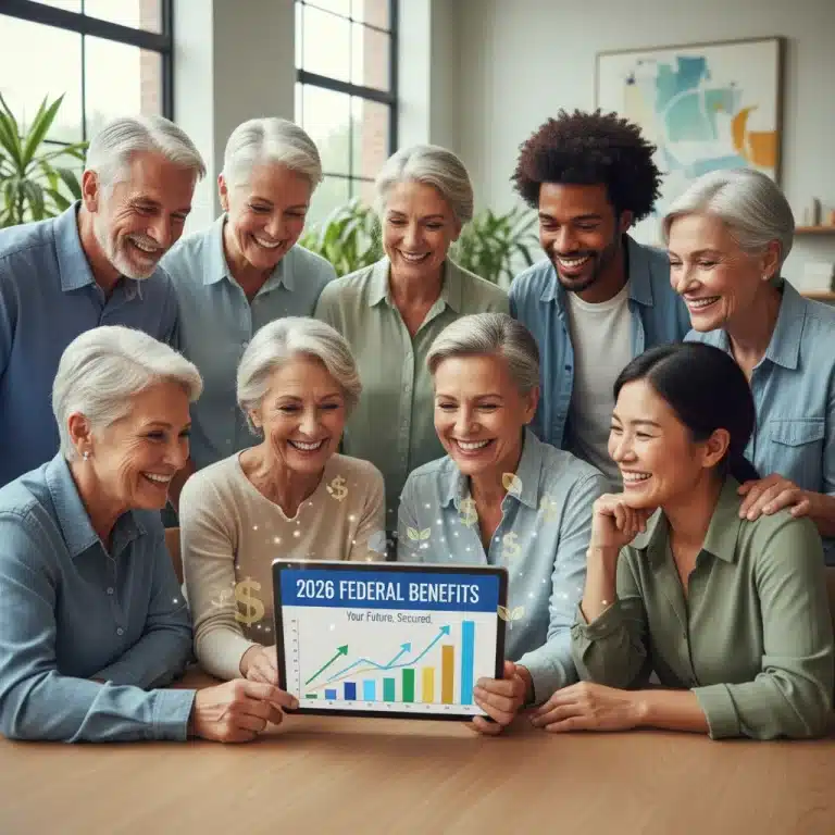 Group of people happily reviewing 2026 federal benefits on a tablet