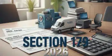 Illustration of tax forms, calculator, and business assets for Section 179 deductions in 2026