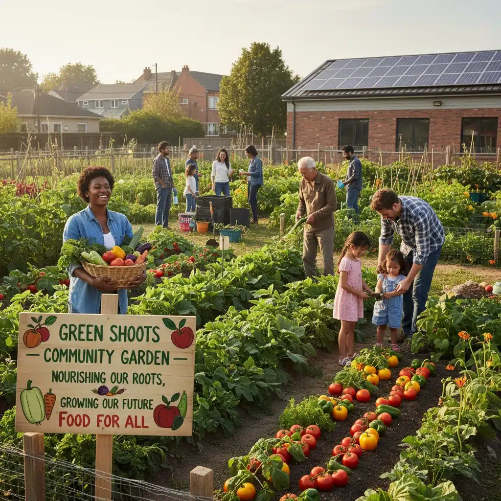 Community garden with people harvesting fresh produce