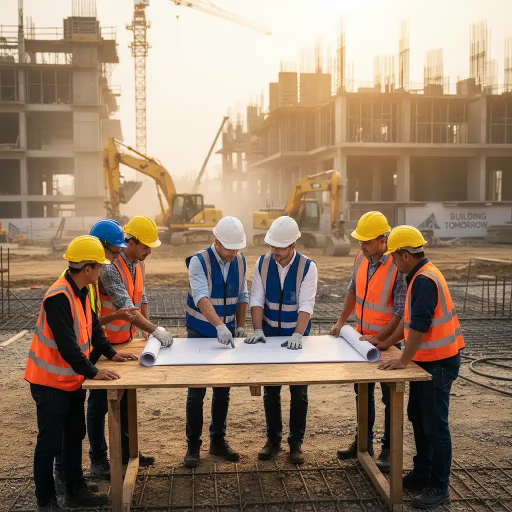 Construction workers reviewing blueprints at a modern infrastructure project site.
